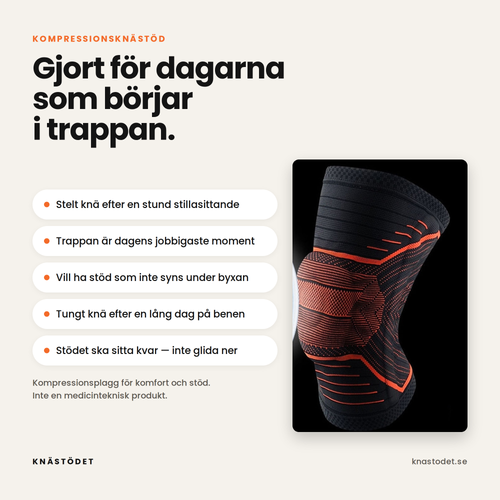 Kompressionsknästödet i svart med orange stickning — gjort för dagarna som börjar i trappan